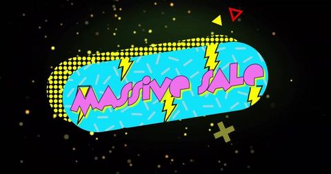Retro neon capsule banner featuring massive sale with halftone dots and lightning bolts