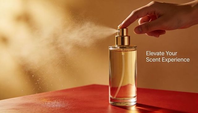 Spraying luxury perfume with gold atomizer on red surface, mist plume and elegance