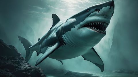 Megalodon gliding over seabed in deep ocean depths