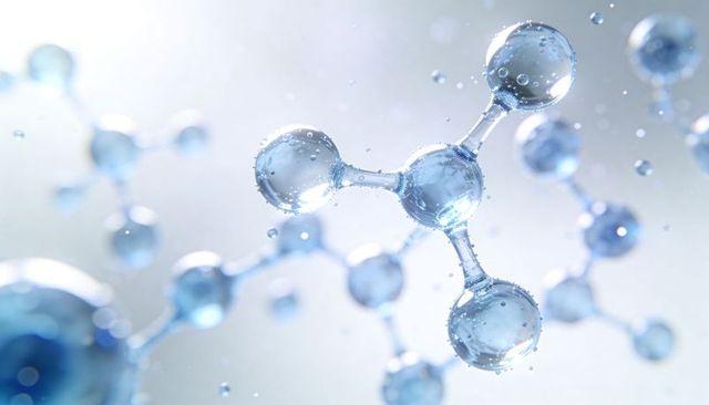 Glassy molecular cluster floating with water droplets and luminous bonds in soft blue light