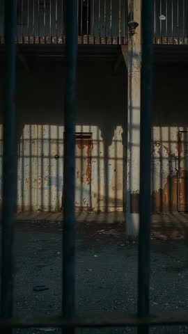 Low Sun Casting Bar Shadows Across Rusted Industrial Courtyard Door Moody Atmospheric Vertical Video