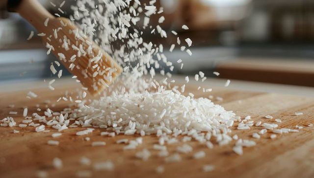 Pouring white rice from wooden scoop onto cutting board with grains scattering in kitchen