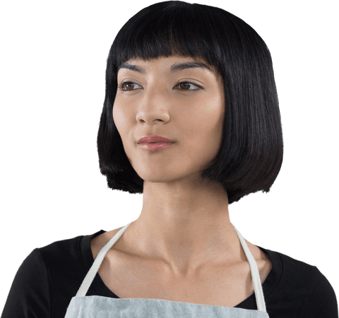 Biracial woman with apron on transparent background looking thoughtful