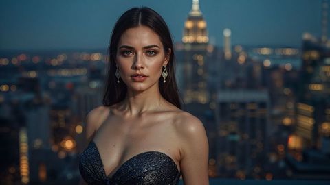 Elegant beautiful lady model in strapless evening gown overlooking city skyline at dusk