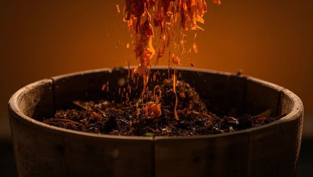 Falling orange petals drifting into barrel planter with green sprout and warm rimlight