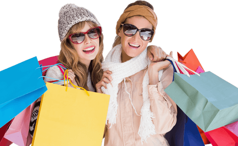 Happy shopper friends holding colorful bags with transparent background