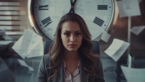Executive woman facing camera with clock and flying papers showing leadership under time pressure