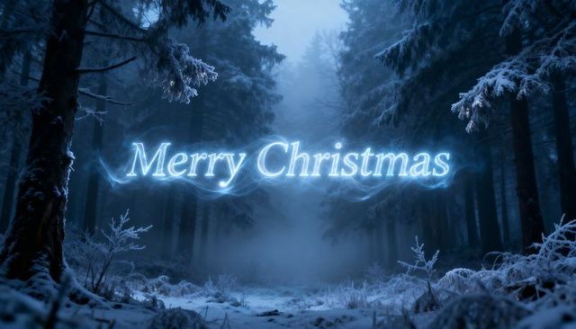 Glowing merry christmas typography hovering over snowy conifer forest with moonlit fog