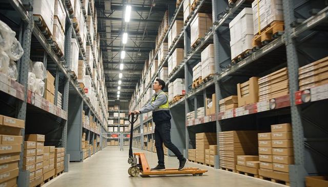 Warehouse worker moving pallet jack down long aisle of high shelving and stacked boxes