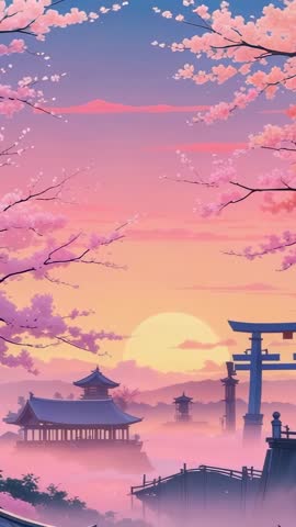 Sunset Bathing Torii Gate in Misty Temple Garden with Drifting Cherry Petals