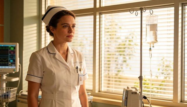 Sunlit nurse monitoring vital signs and iv infusion in hospital room