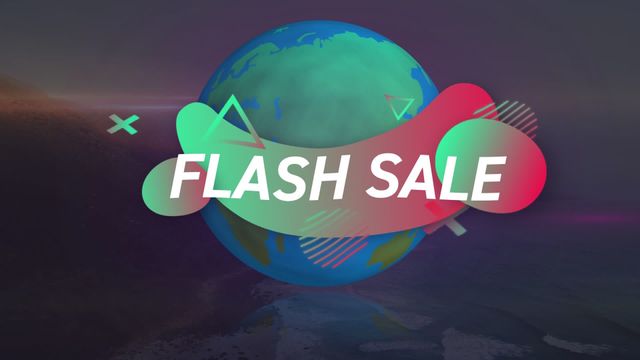 Dynamic and colorful rendition of a flash sale promo with globe overlay and futuristic elements. Perfect for use in digital marketing campaigns, advertisements, and retail events focusing on global sales promotions. Effective visual for online shopping solutions and boosting customer engagement.