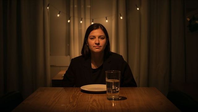 Woman sitting at table wearing dark blazer facing camera in warm evening light cozy ambient