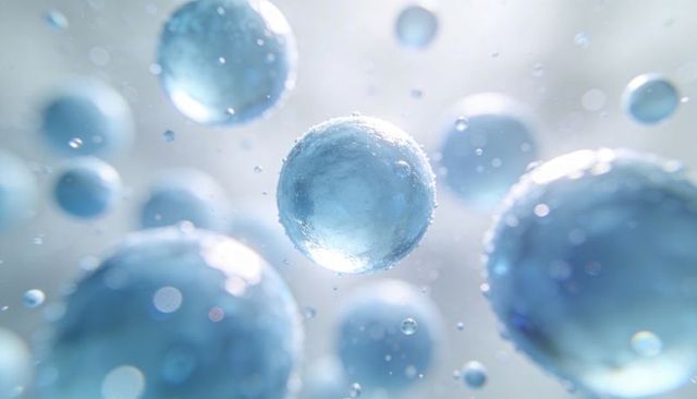 Translucent blue microspheres floating in liquid closeup with soft bokeh and lab vibe