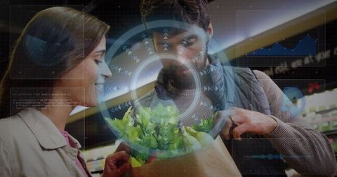 Couple inspecting grocery produce with augmented reality hud overlay and retail analytics