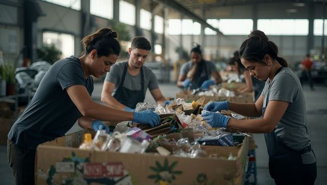 Recycling crew sorting mixed materials in industrial warehouse wearing protective gloves