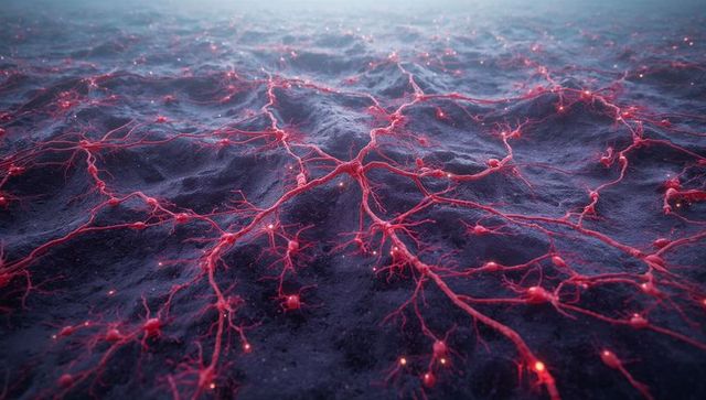 Bioluminescent neural network landscape of red-pink branching filaments and nodes