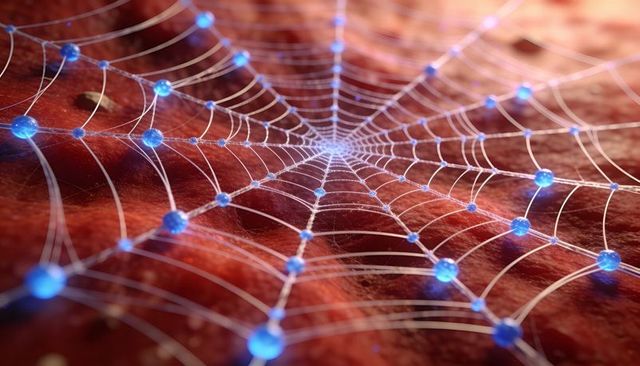 Radial glowing node network converging on central hub over textured red surface