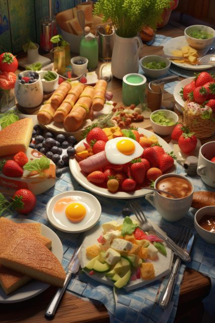 A colorful and appetizing assortment of breakfast items including toast, eggs, strawberries, coffee, and other fresh foods. Ideal for use in blogs, social media posts, diet and health articles, or restaurant promotions to highlight a vibrant, healthy breakfast setup.