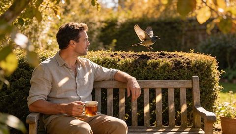 Man enjoying tea on garden bench with bird in flight, autumn sunlit calm
