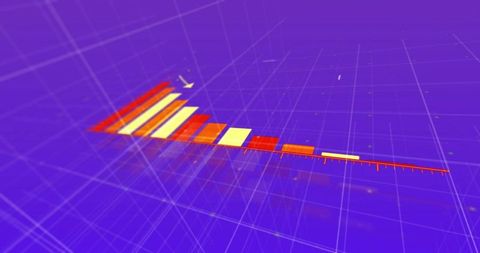 Displaying 3D descending bar chart on violet grid with glowing red axis and particle glow
