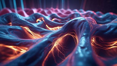 Abstract network with glowing filaments and dark blue ridge