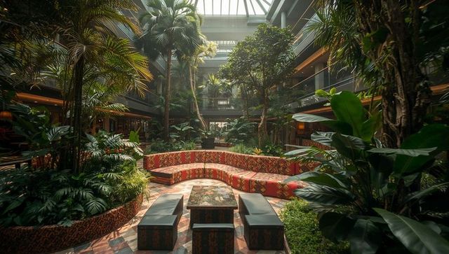 Tropical atrium with curved patterned sectional sofa, skylight and multi-level balconies