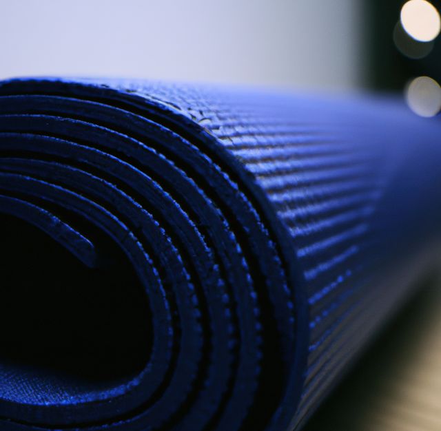 Image of close up of dark blue yoga mat with pattern. Yoga, exercise and exercise equipment concept.