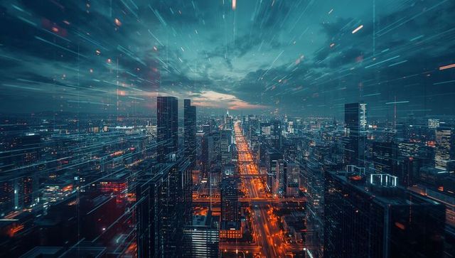 Futuristic Cityscape at Dusk with Neon Lights and Digital Streaks