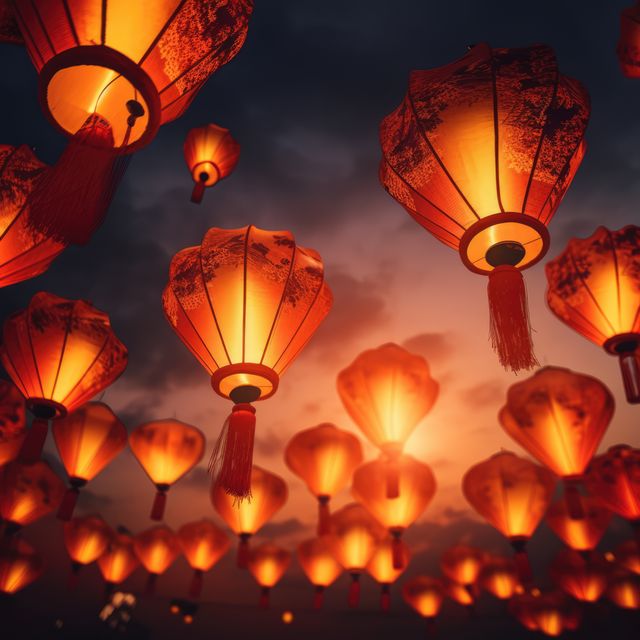 Vibrant red lanterns hang in the evening sky, glowing warmly against the backdrop of a sunset during the Lantern Festival. Ideal for use in articles about cultural celebrations, oriental traditions, or as an inspirational background for themed designs and advertising for travel destinations celebrating traditional festivals.