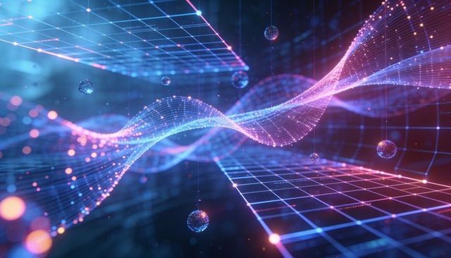 Neon particle ribbon weaving through holographic 3d grid with floating luminescent spheres