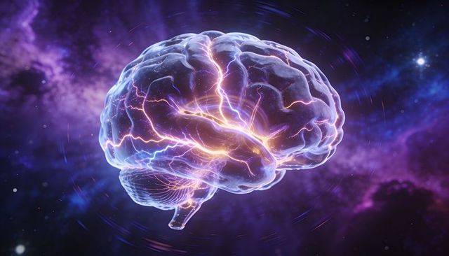 Glowing neural network brain floating in cosmic nebula with electric synapse energy