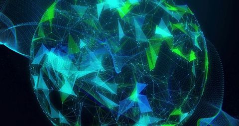 Rotating neon network globe pulsing nodes and flowing data ribbons for technology visuals