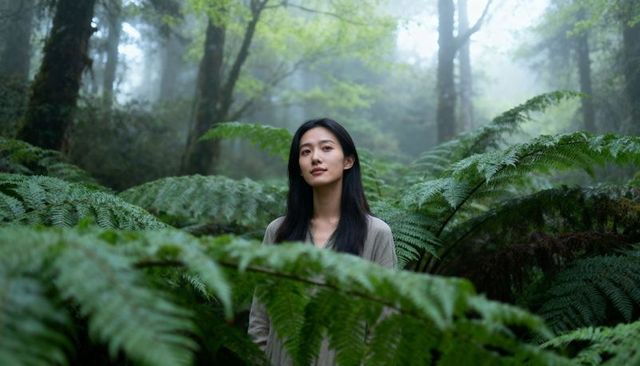 Asian woman standing among misty ferns in tranquil green forest portrait for wellness