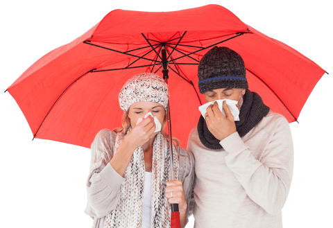 Sneezing couple with red umbrella transparent background