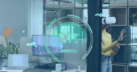 Futuristic office scene with woman using vr technology and holographic interface