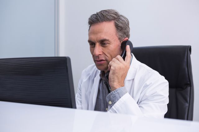 Dentist talking on phone while sitting at desk with computer. Ideal for use in articles about dental practices, healthcare communication, professional consultations, and modern medical office environments.
