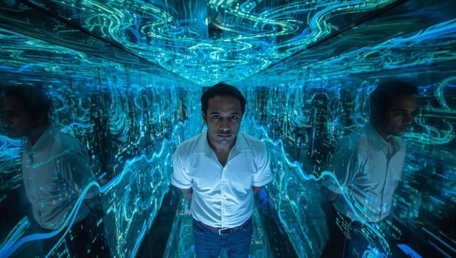 Indian man standing in neon mirror corridor reflecting cyan circuit lines, immersive tech