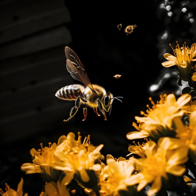 Close up of bee hovering over yellow flowers, on black, created using generative ai technology. Feeding, insects, nature, summer and wildlife concept digitally generated image.