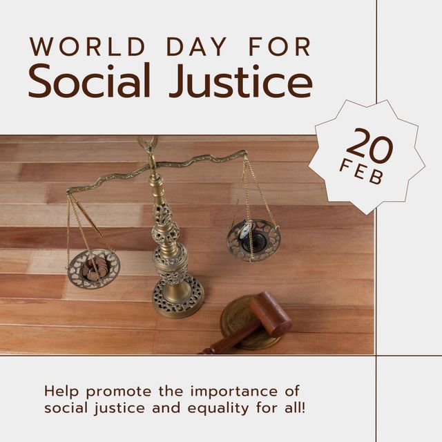 Composition of world day for social justice text over scales. World day for social justice and celebration concept digitally generated image.