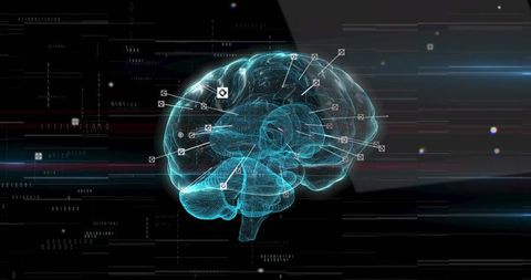 Holographic brain network rotating with pulsing nodes and diagnostic hud