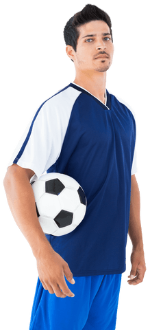 Confident hispanic footballer holding soccer ball on transparent background