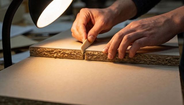 Hands trimming particleboard seam with scraper under workshop lamp, carpentry detail edge