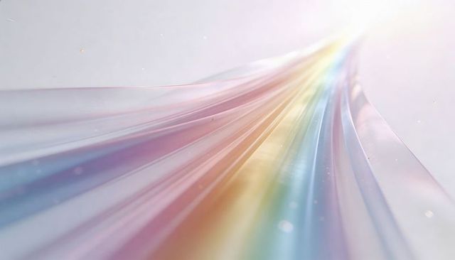 Flowing translucent pastel ribbons converging toward radiant rainbow glow with soft bokeh