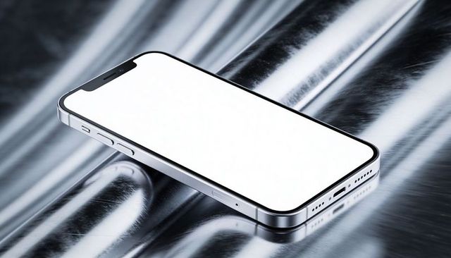 Modern smartphone lying diagonally on rippled metal surface showing blank screen