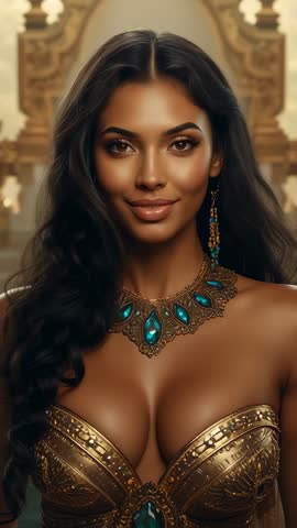 Vertical Luxury Portrait: Model Smiling and Blinking in Regal Palace Wearing Gold Bustier