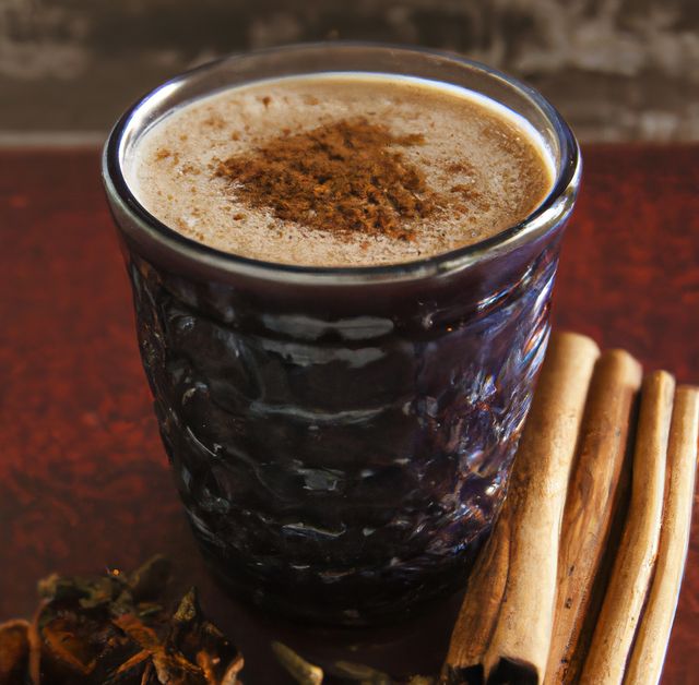 This image depicts a hot beverage, perfect for a warming treat in cooler seasons, in a rustic glass adorned with a frothy top. Beside it are several cinnamon sticks, hinting at the spiced flavor of the drink. This image could be used in blog posts about favorite winter beverages, comforting drinks, or recipes. Ideal for advertising seasonal café menus or marketing holiday drinks.