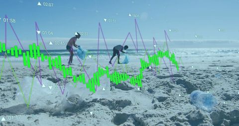 Volunteers Cleaning Beach with Financial Data Overlay - Download Free Stock Images Pikwizard.com
