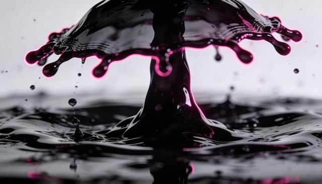 Glossy Black Liquid Forming Umbrella Splash with Neon Magenta Rim Macro High-Speed