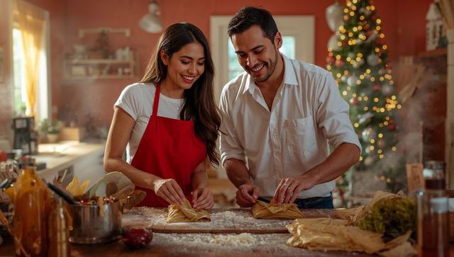 Couple Making Tamales for Christmas in Cozy Kitchen, Holiday Baking Together